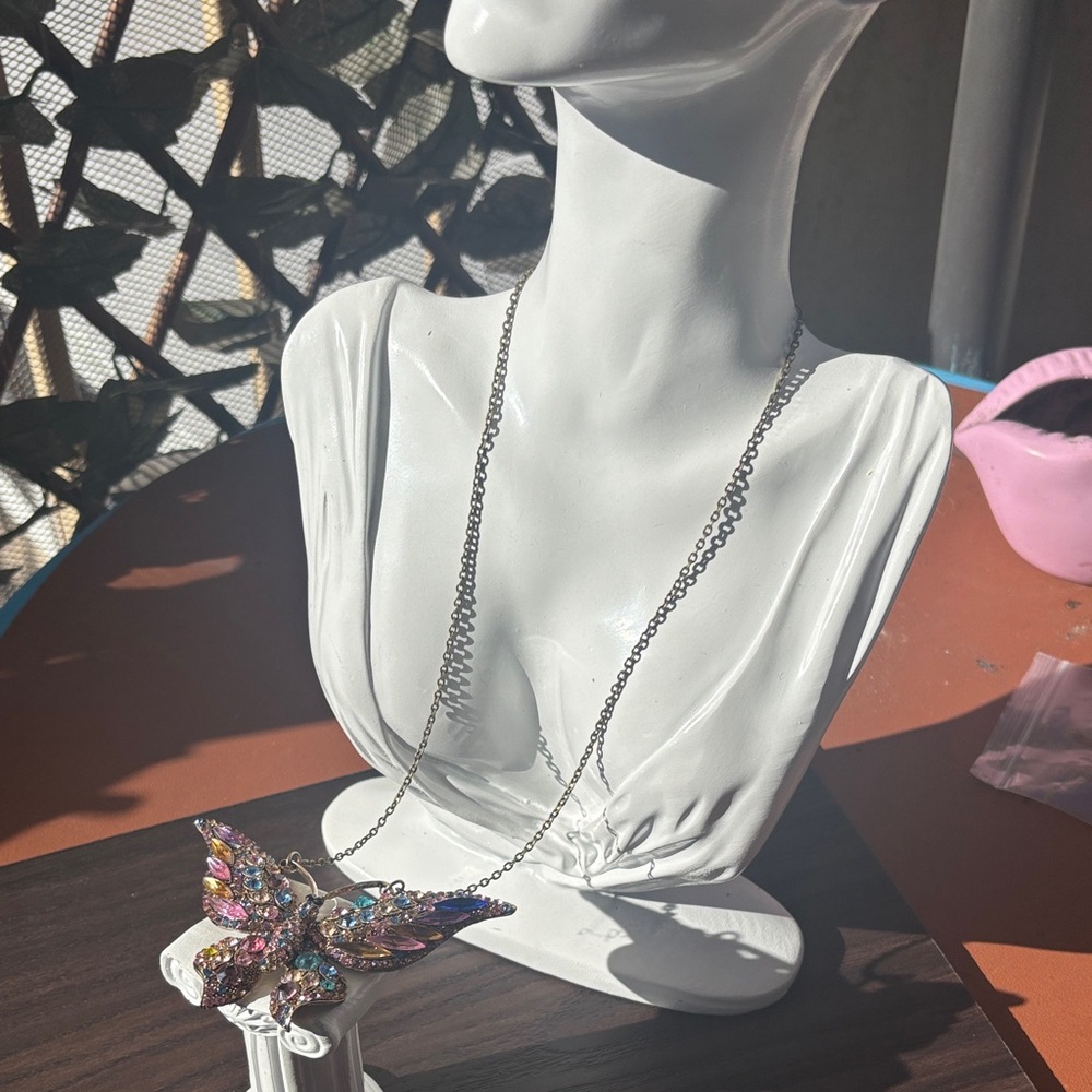 Rainbow Rhinestone Butterfly Statement Necklace 2… - image 3